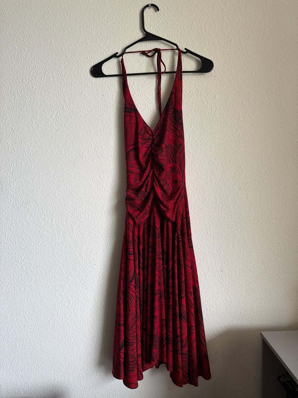 Arden B. Red and Black Abstract Swirl Print Ruched Halter Dress, Size M